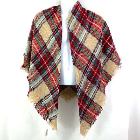 QUAGGA Oversized Wrap Scarf 56 x 56 Plaid Red Tan Navy Green Cozy NWT N19 - Picture 2 of 3